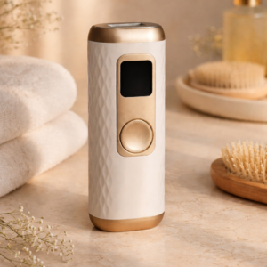 Luxury white and gold handheld hair removal device placed on a marble surface with towels and spa accessories in a soft, warm skincare setting.
