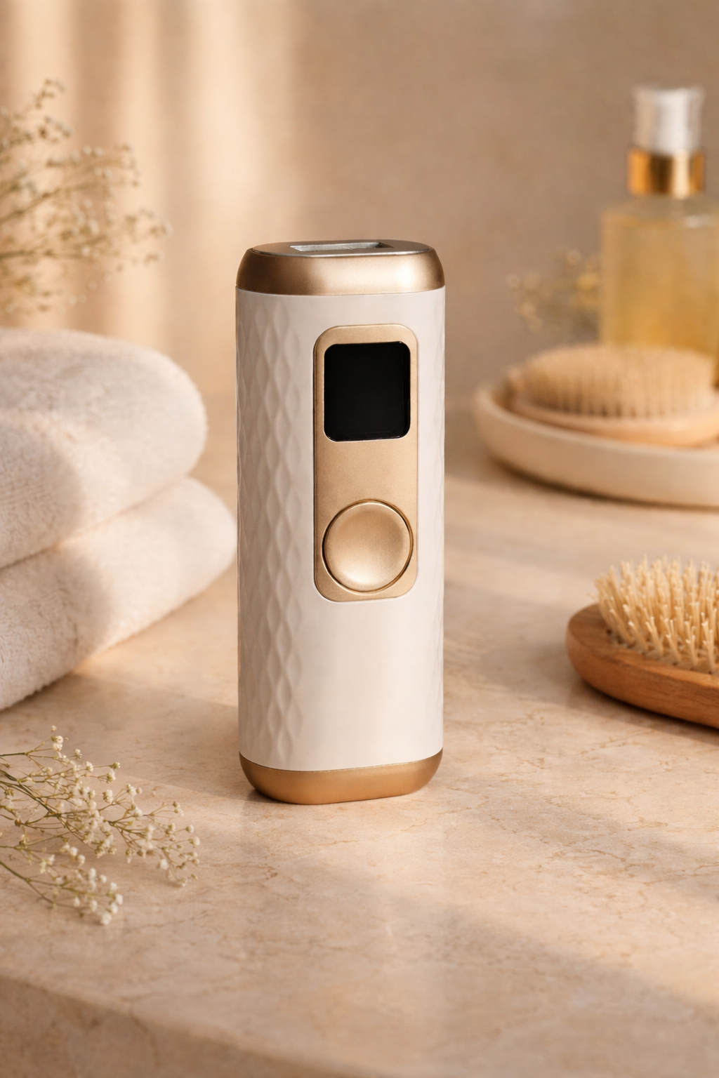 Luxury white and gold handheld hair removal device placed on a marble surface with towels and spa accessories in a soft, warm skincare setting.