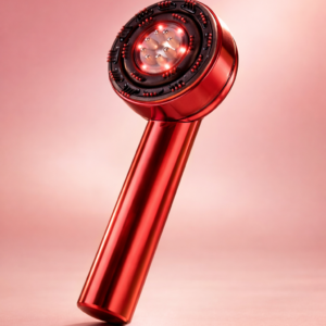 Red metallic handheld red light therapy device placed at an angle against a soft blush-to-champagne gradient background.