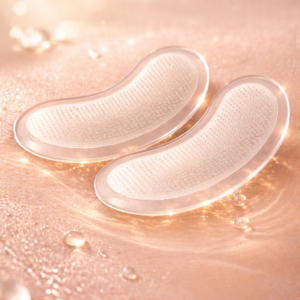 Two transparent micro infusion under-eye patches with visible micro-dart texture placed on a glowing golden skincare background with soft light reflections and water droplets.