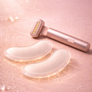 Glow Infusion Duo featuring a skincare wand and micro infusion patches on a soft blush pink background.