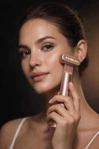 A close-up portrait of a young woman with glowing, natural skin gently using a rose-gold LED facial device on her cheek, with soft illuminated lights and a dark, elegant blurred background.