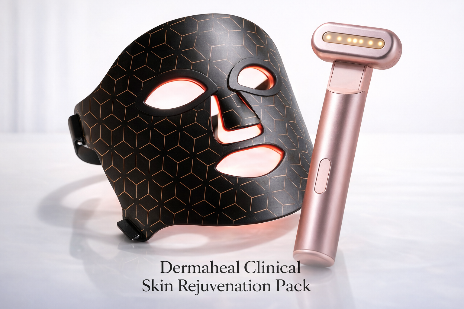 Dermaheal Clinical skin rejuvenation pack featuring a black LED therapy face mask with geometric pattern and a rose-gold handheld light therapy device on a white background