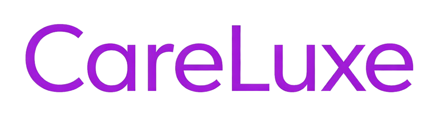 CareLuxe wordmark logo in vibrant purple, set in a clean modern sans-serif font, centered on a white rounded rectangular background with minimal, elegant styling.
